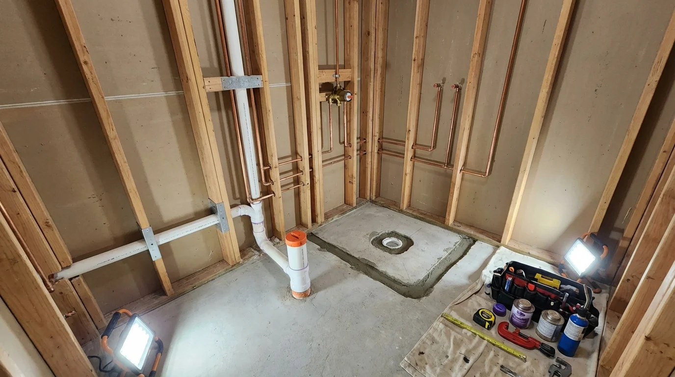 Bathroom rough-in plumbing during remodel by Johns Plumbing LLC in Newburyport