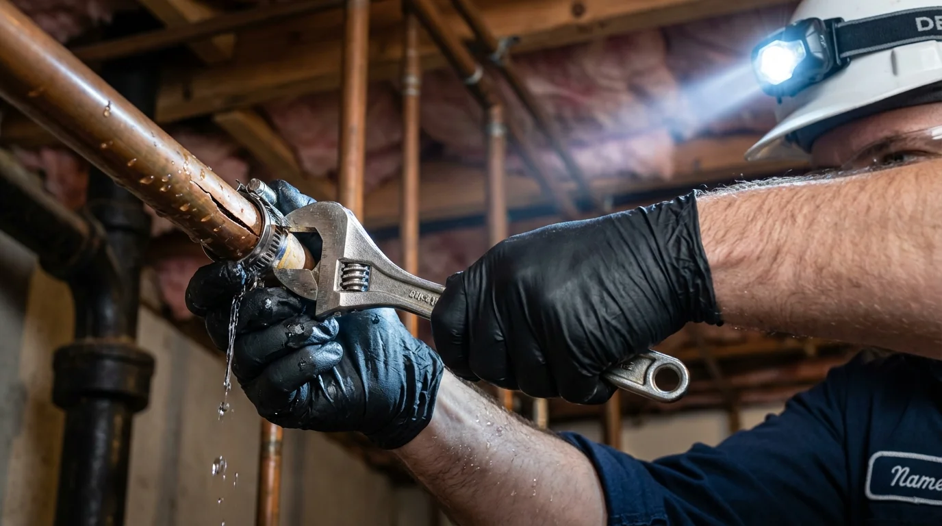 Emergency pipe clamp repair being performed by a Johns Plumbing LLC plumber in Newburyport