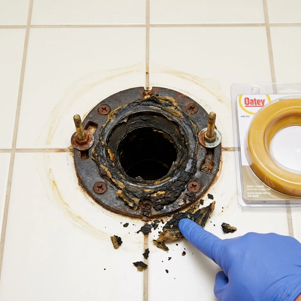 Failed wax ring showing water seepage at the base of a toilet in a Newburyport, MA home
