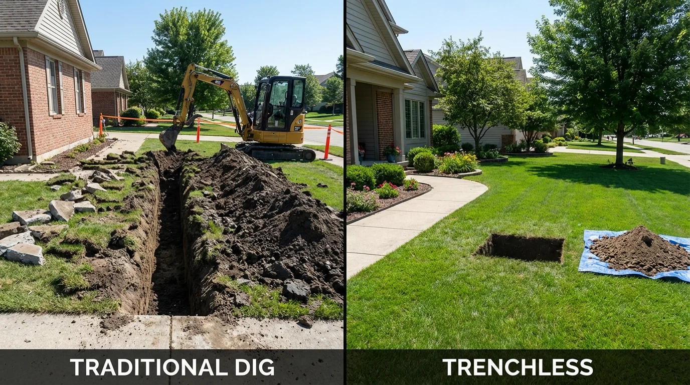 Trenchless sewer repair with minimal yard damage versus traditional excavation in Newburyport, MA