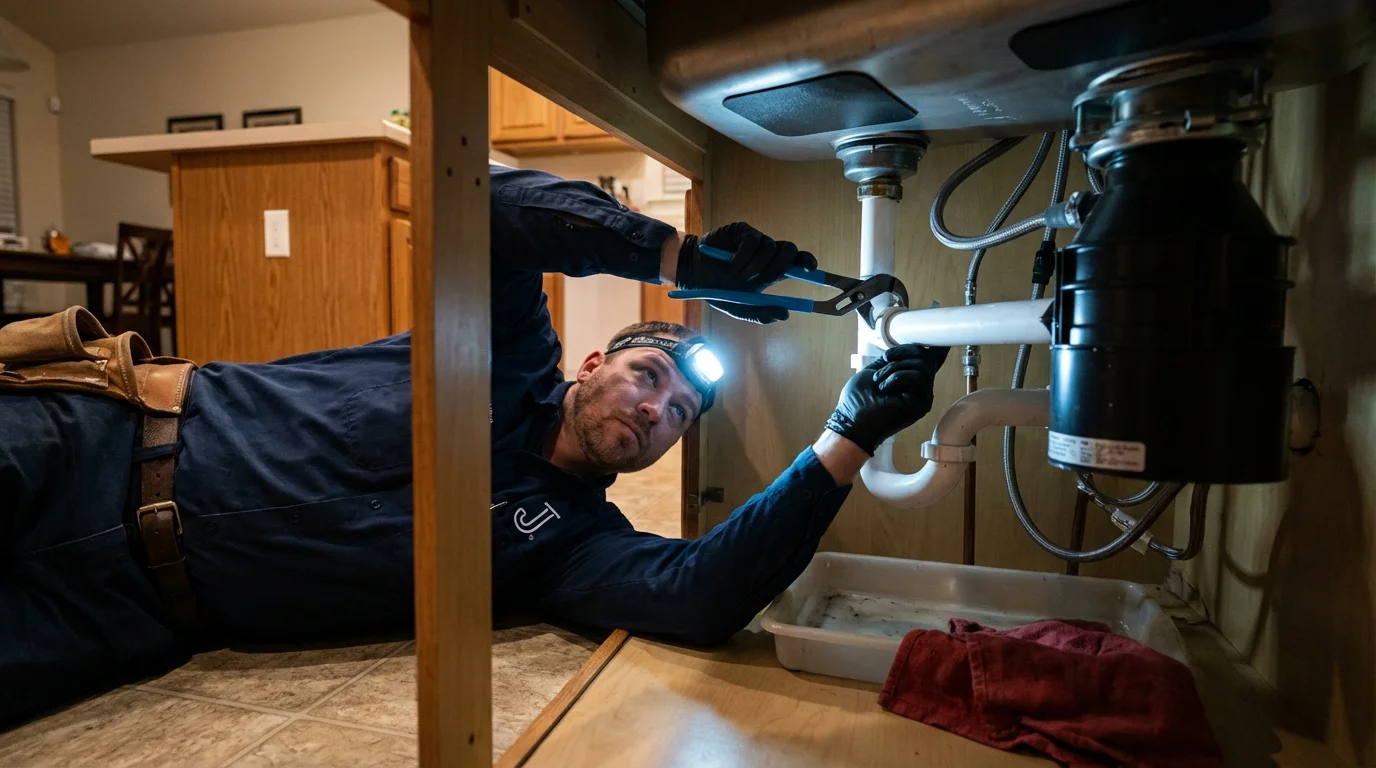 P-trap and supply line connections under a kitchen sink showing a common leak point in Newburyport, MA
